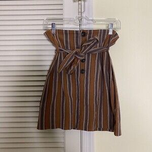 Francescas Mi Ami Button Front Paper Bag Tie Waist Skirt Size Small Brown Stripe